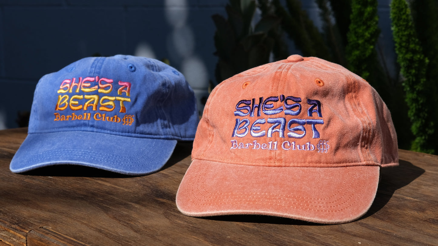 Two baseball caps, one blue and one orange, with 'She's a Beast' text on a wooden surface.